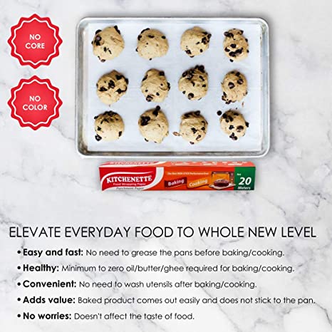Parchment Paper | (Baking & Cooking) - Non Stick, Fat Free Cooking, Coreless Roll, Microwave Paper & Butter Paper - Kitchenette - 20 Meters X 11 inch