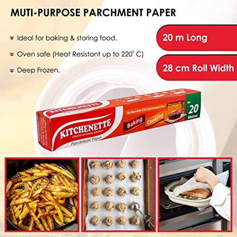Parchment Paper | (Baking & Cooking) - Non Stick, Fat Free Cooking, Coreless Roll, Microwave Paper & Butter Paper - Kitchenette - 20 Meters X 11 inch