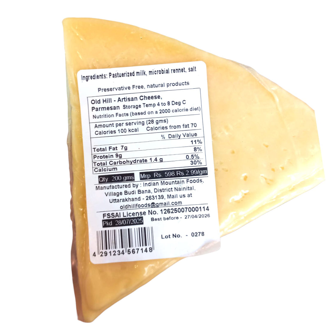 Parmesan Cheese | 100% Natural - Pasteurized – No Added Preservatives - Old Hill – 200gm