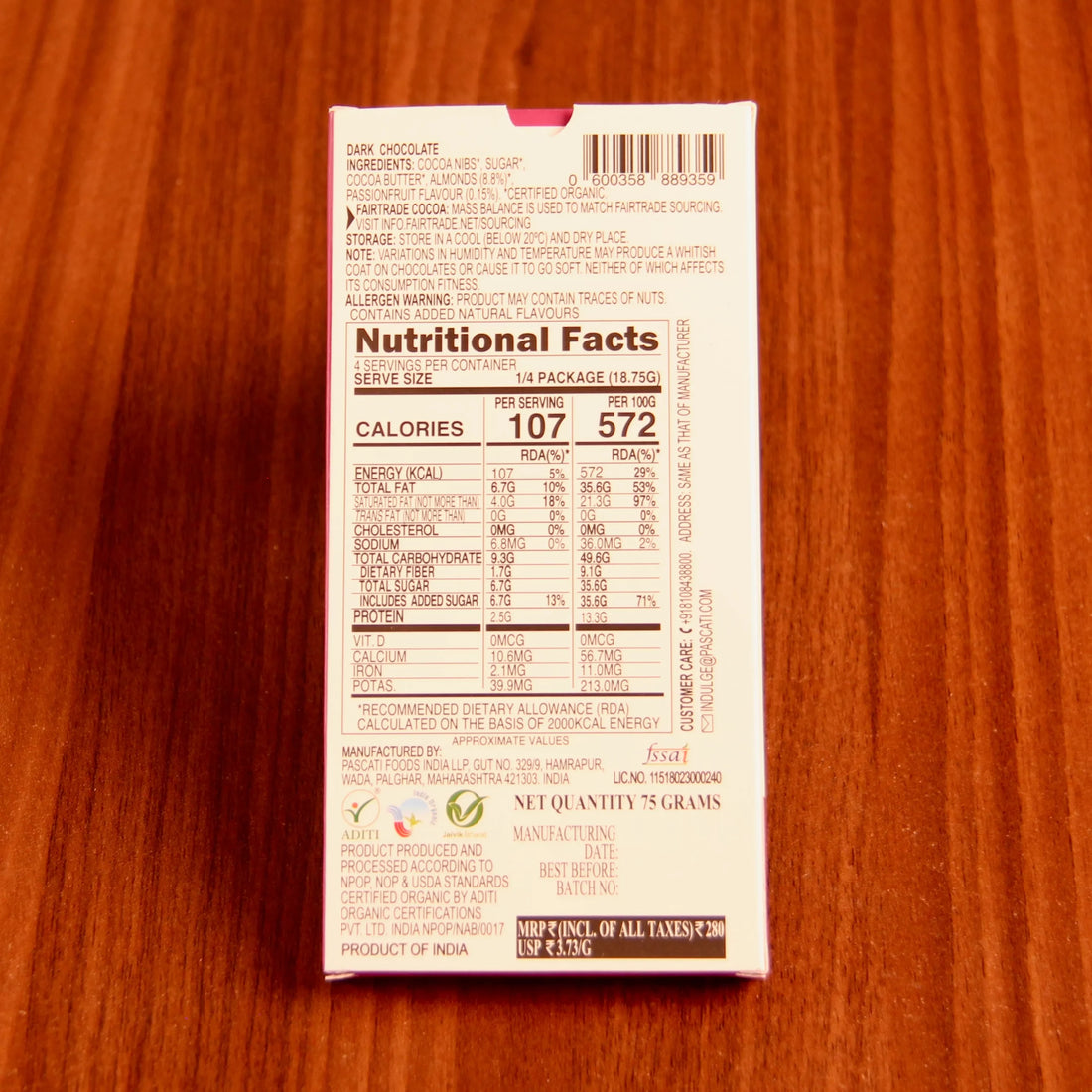 Dark Chocolate | Passion Fruit & Almond (Bean To Bar) - USDA Organic - Vegan & Gluten Free - Pascati - 75gm