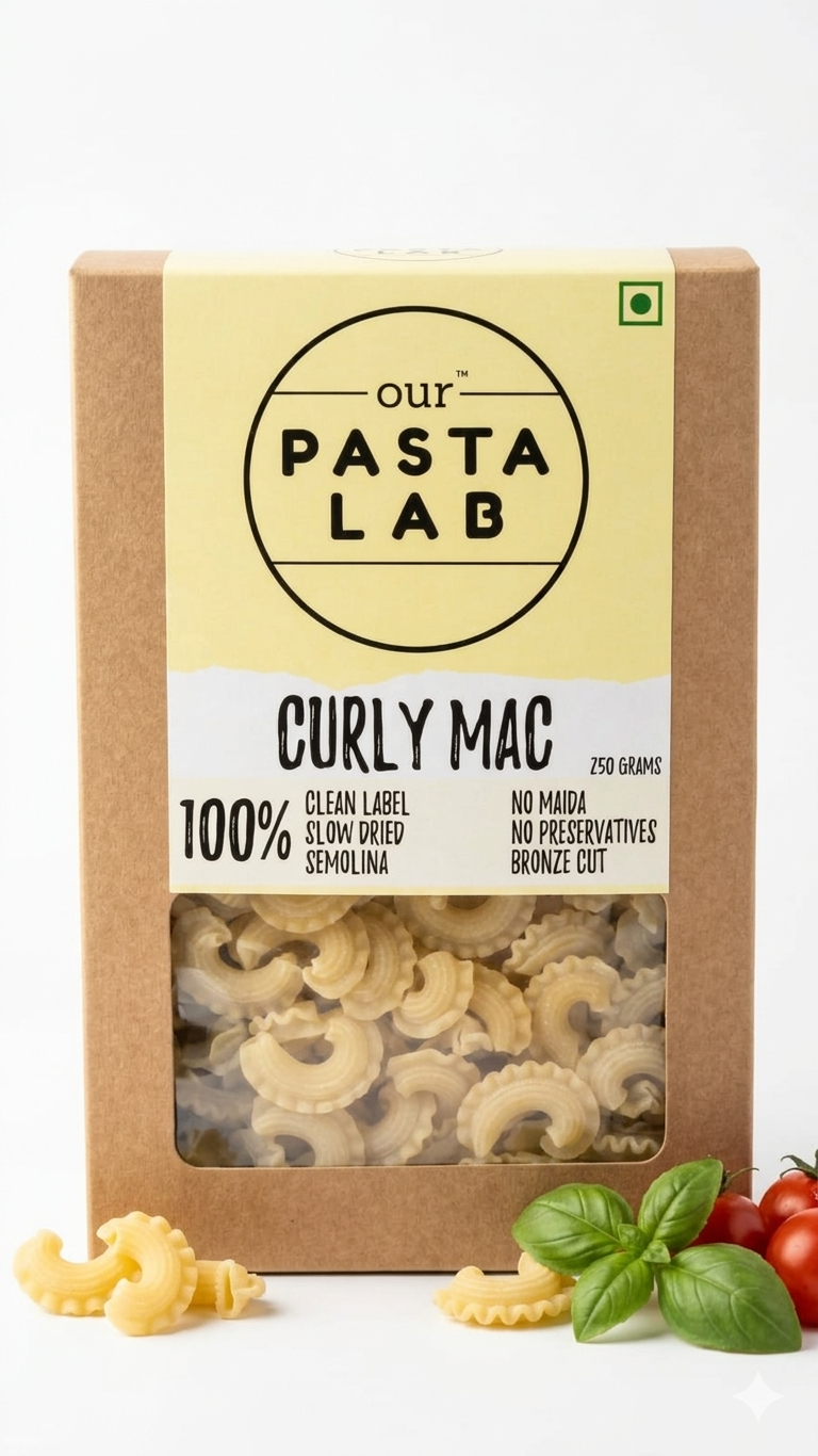 Pasta | Curly Mac Pasta - Vegan - 100 % Clean label, Slow Dried, Semolina- No Maida, No Preservatives-Our Pasta Lab - 250gm