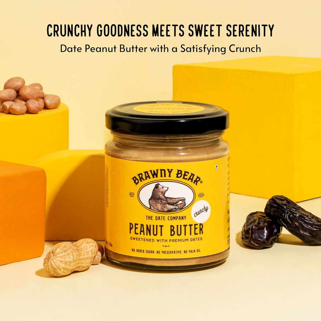 Peanut Butter | Crunchy Peanut Butter Sweetened With Premium Dates - No Added Sugar & No Palm Oil - Brawny Bear - 200gm