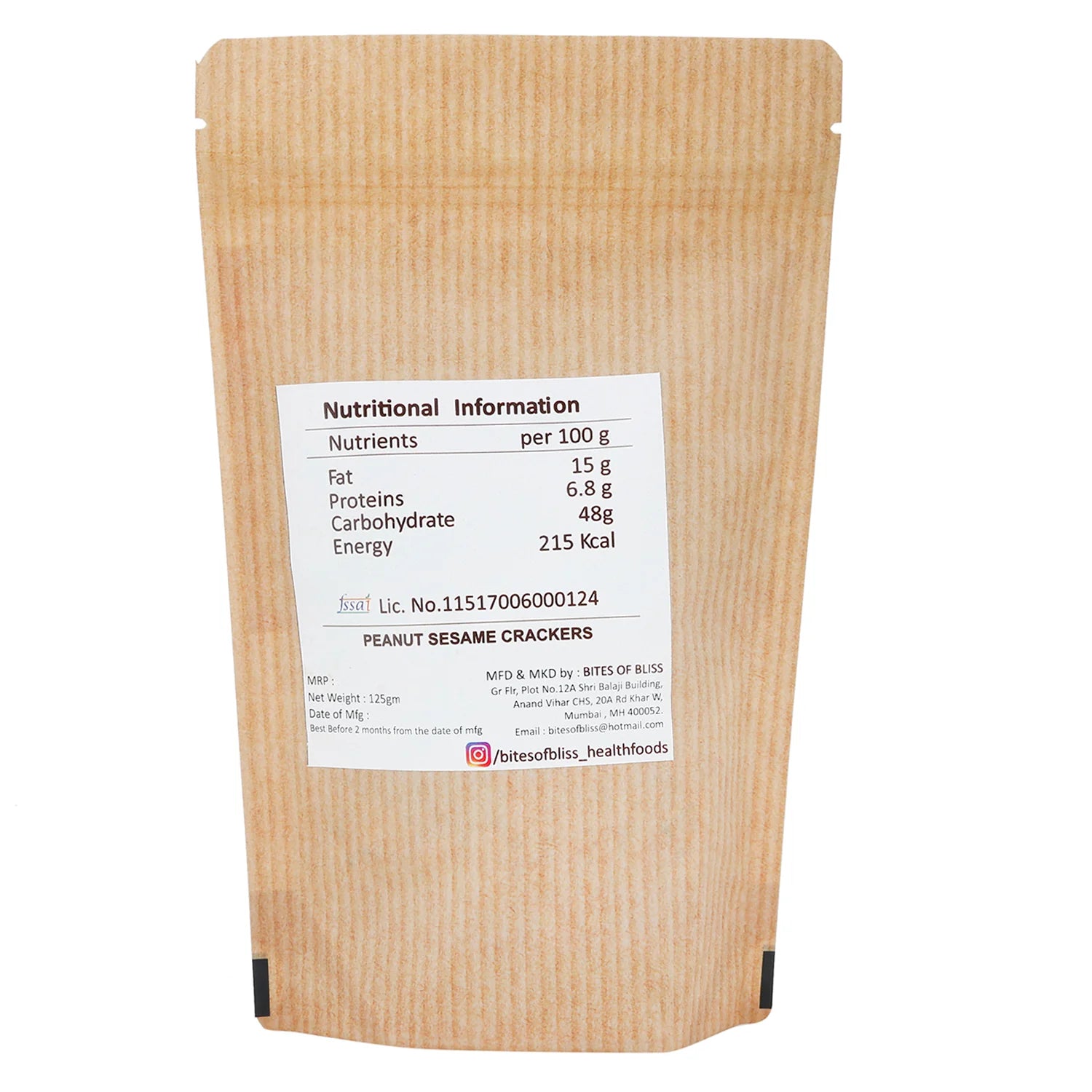 Peanut Sesame Cracker | Oven Baked - Vegan, Gluten Free, No Oil, No Ghee, Rich in Protein, No Added Preservatives, No Added Sugar & Diabetic Friendly - Bites Of Bliss - 115gm