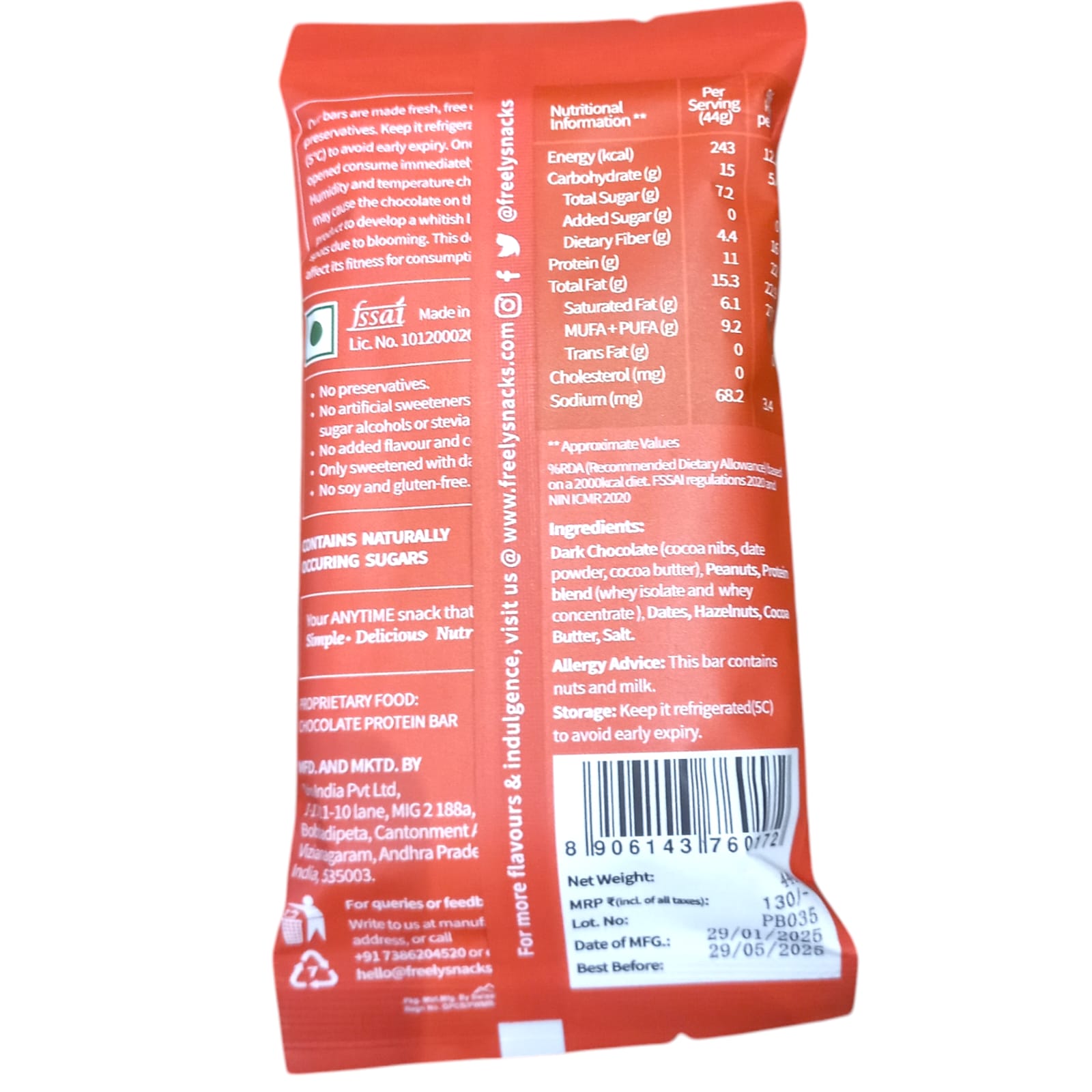 Chocolate Bar | Peanut Butter Meadow (Protein Bar) – 11g Protein – Real Chocolate – No Added Artificial Preservatives & No Added Sugar – Freely – 44gm