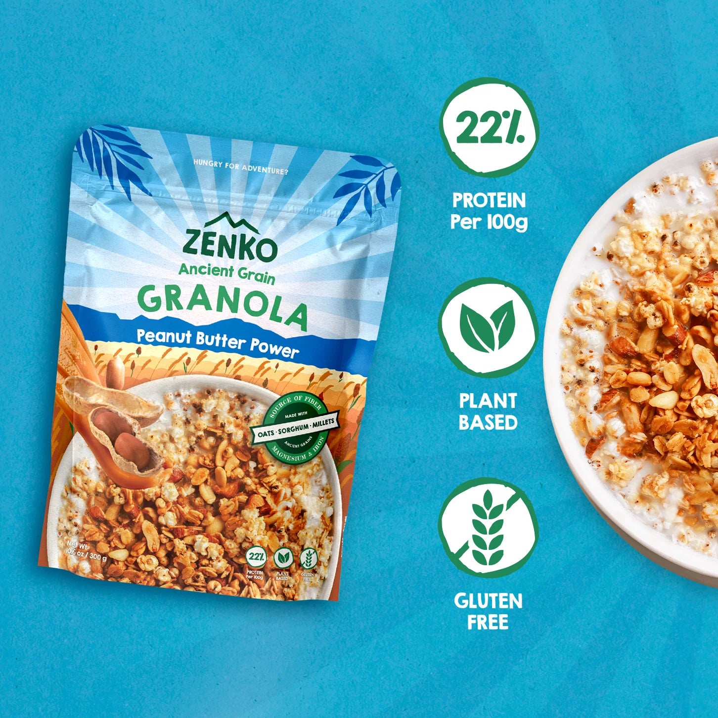 Granola | Peanut Butter Power - 22% Protein Per 100gm - Plant Based - Gluten Free, High In Fiber, Magnesium And Iron - Zenko - 300gm