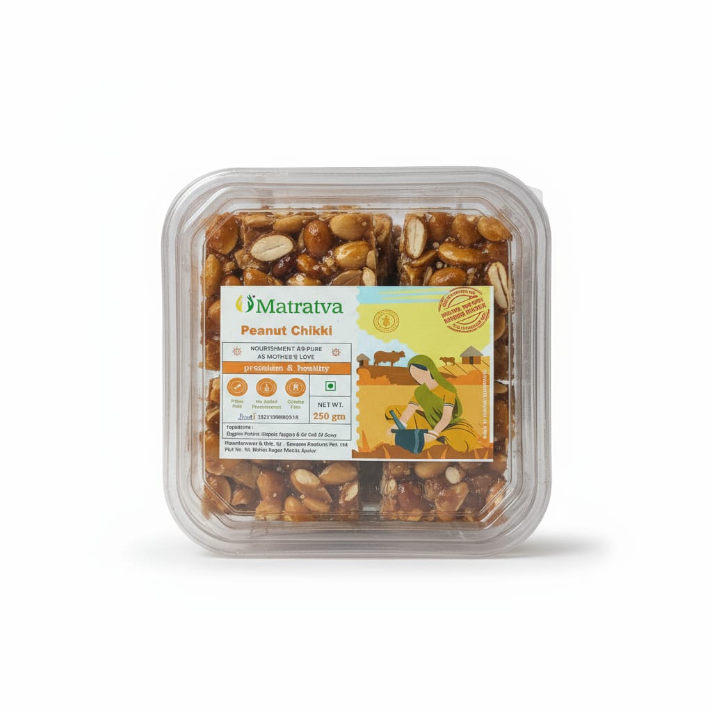 Peanut Chikki | Made With Organic Ingredients - Healthy - Gluten Free, Cruelty Free, High In Fibre & No Added Preservatives - Matratva - 250gm