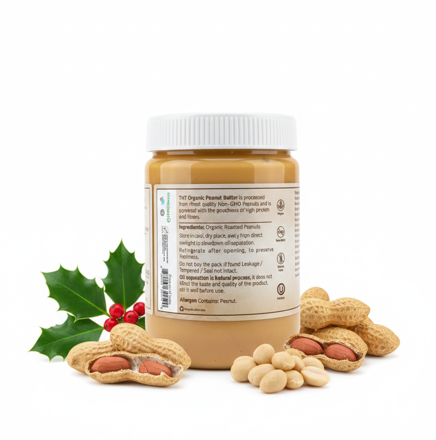 Peanut Butter | Crunchy Peanut Butter - Unsweetened, Unsalted - USDA Organic-Vegan - No Preservatives - The Holly Tree - 454gm