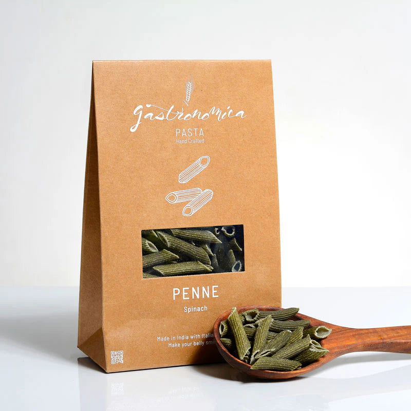 Pasta | Penne (Spinach) - Handcrafted - 100% Natural - Vegan, No Egg & No Added Preservatives - Gastronomica -  250gm
