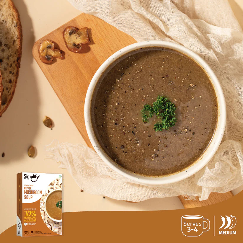 Mushroom Soup | Pepper Mushroom Soup (Loaded With Veggies 70% Mushrooms & 9.8% Onions) - 100% Clean - No Flours, Fillers, Thickeners, No Preservatives, Colours & No Additives - Simplify Foods - 40gm