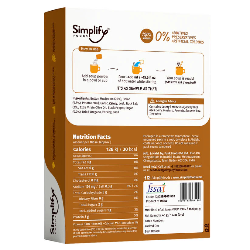 Mushroom Soup | Pepper Mushroom Soup (Loaded With Veggies 70% Mushrooms & 9.8% Onions) - 100% Clean - No Flours, Fillers, Thickeners, No Preservatives, Colours & No Additives - Simplify Foods - 40gm