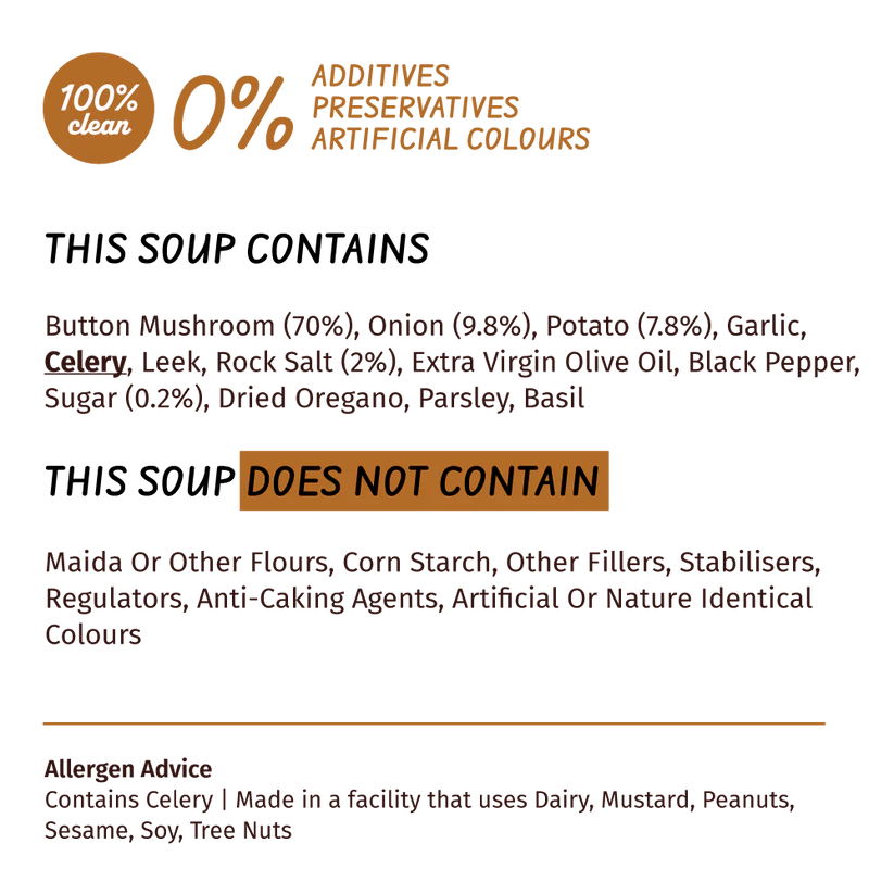 Mushroom Soup | Pepper Mushroom Soup (Loaded With Veggies 70% Mushrooms & 9.8% Onions) - 100% Clean - No Flours, Fillers, Thickeners, No Preservatives, Colours & No Additives - Simplify Foods - 40gm