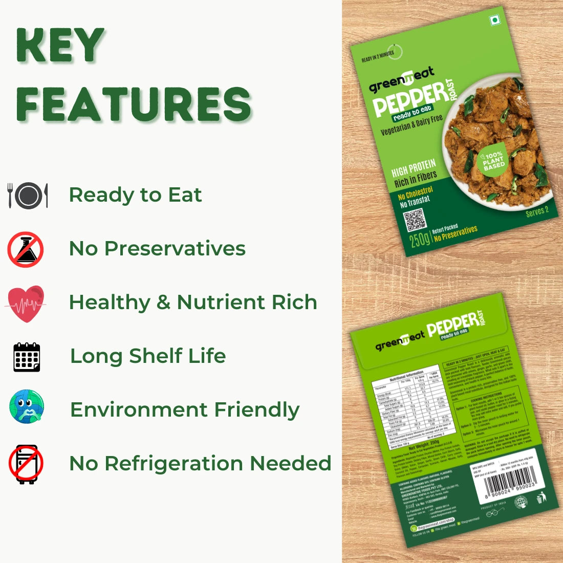Pepper Roast -100% Pant Based - Easy To Cook, Ready To Eat - Heigh Protein, Rich Fibers – Vegetarian & Dairy Free – No Added Preservatives, No Cholestrol, No Trans Fat –Greenmeat – (2 Serving) – 250gm