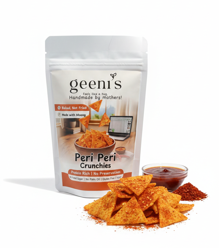 Peri Peri Crunchies | Baked (Not Fried), Made With Moong- Vegan, Gluten Free, No Added Sugar, Mess Free, No Maida, No Preservatives, Additives & No Added Artificial Ingredients - Geenis - 200gm