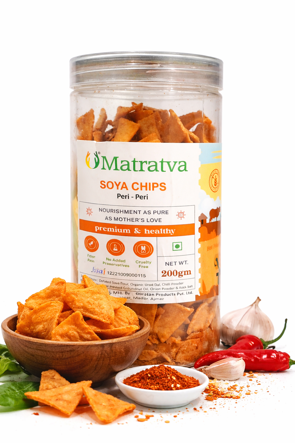 Soya Chips | Peri Peri Soya Chips - Made With Organic Ingredients - Healthy - Not Fried - Gluten Free, Cruelty Free, High In Fibre & No Added Preservatives - Matratva - 200gm