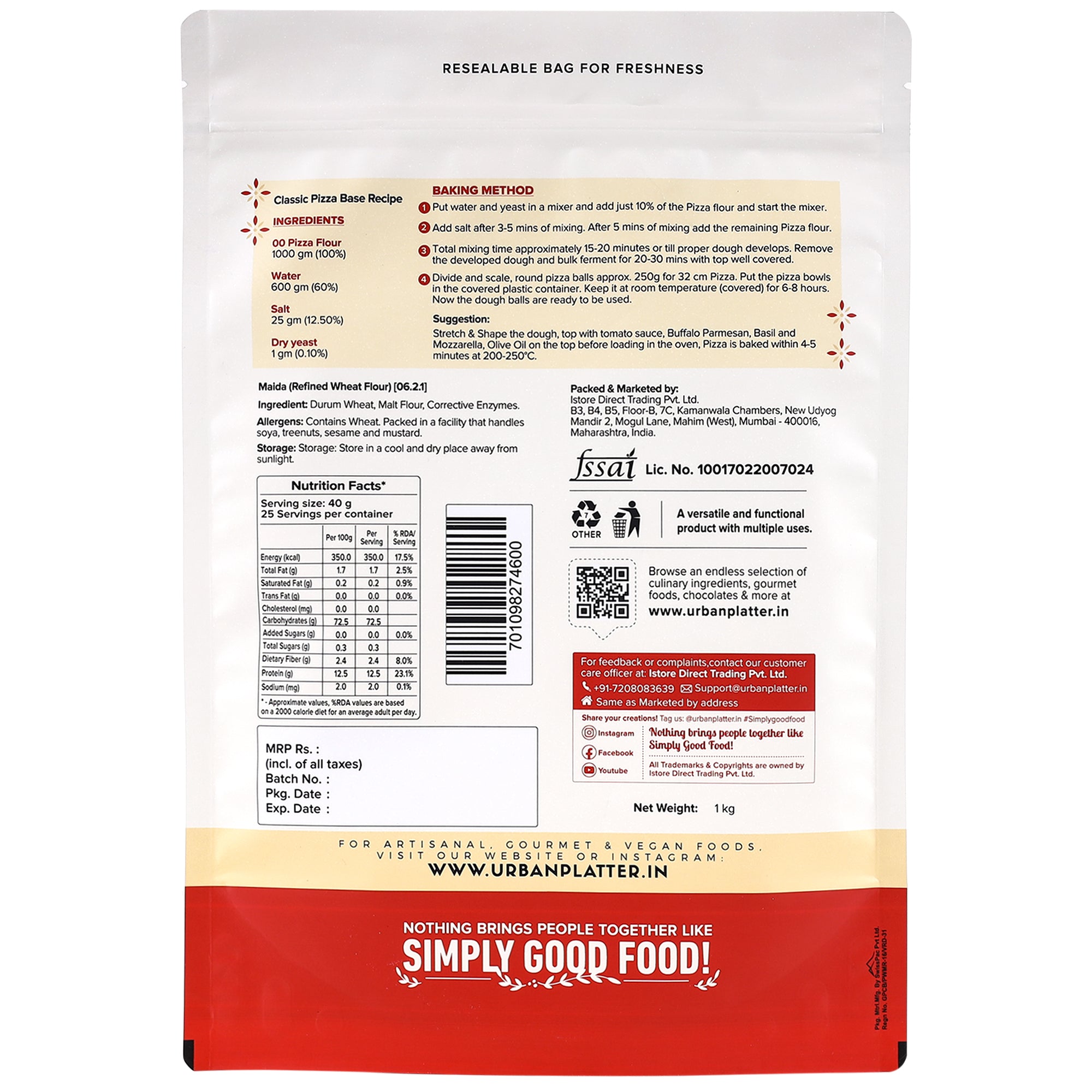 Pizza Flour | Italian Style Soft & Silky ’00’ Pizza Flour – Vegan - Urban Platter – 1000gm