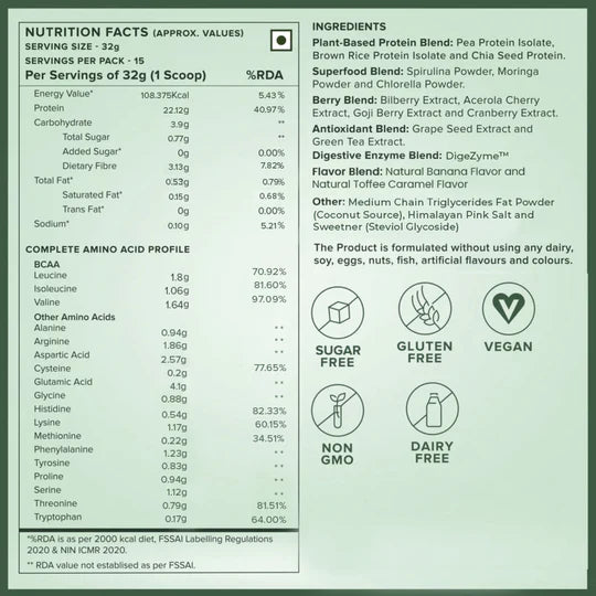 Protein Powder | Plant Protein - British Banoffee Pie - Vegan, Gluten Free, Dairy Free & Non Gmo - Wellbeing Nutrition - (15 Serving) - 500gm