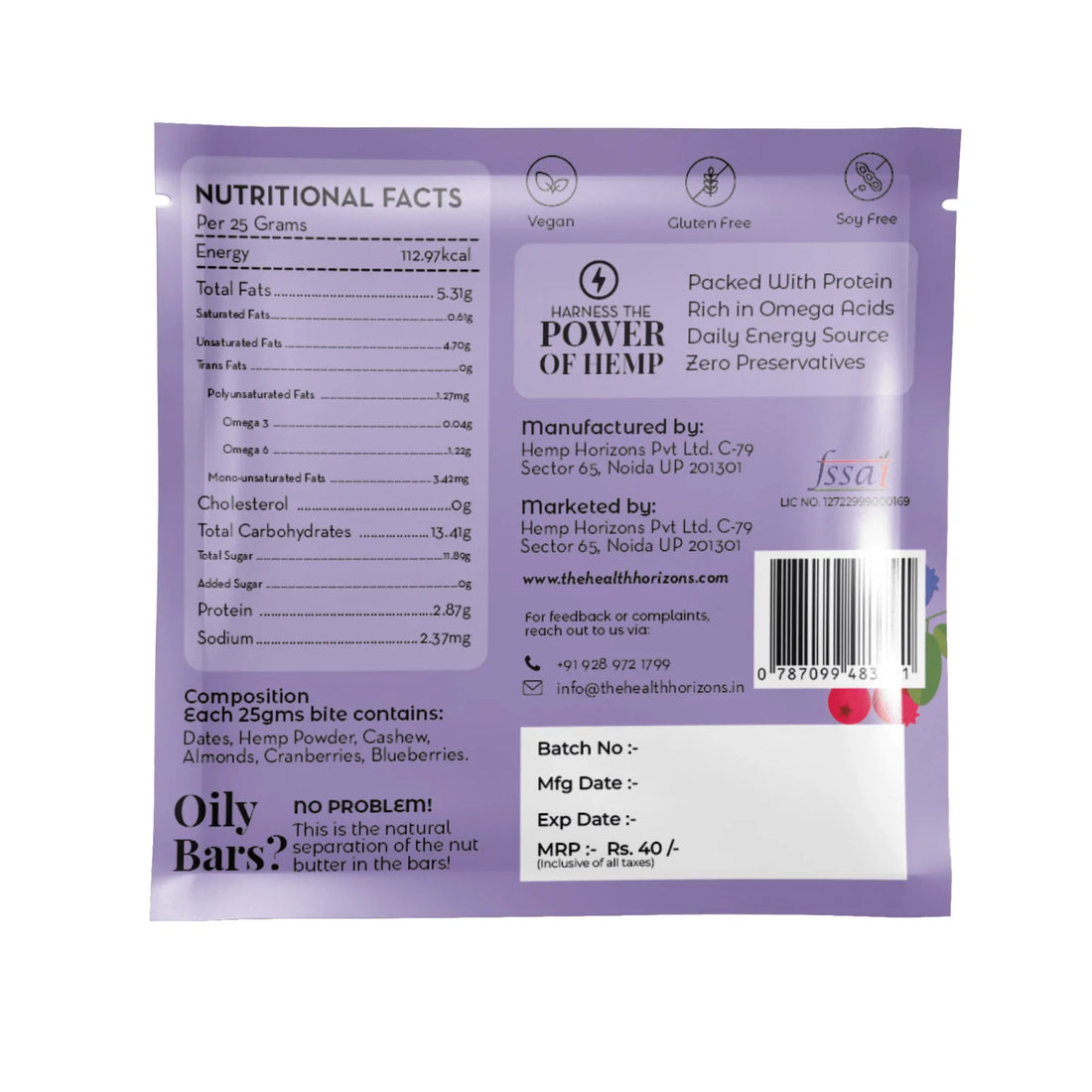 Plant Protein Bite | Hemp - Nut - Berries - Natural - Vegan, No Added Sugar, Soy Free & No Additives - Health Horizon - 25gm