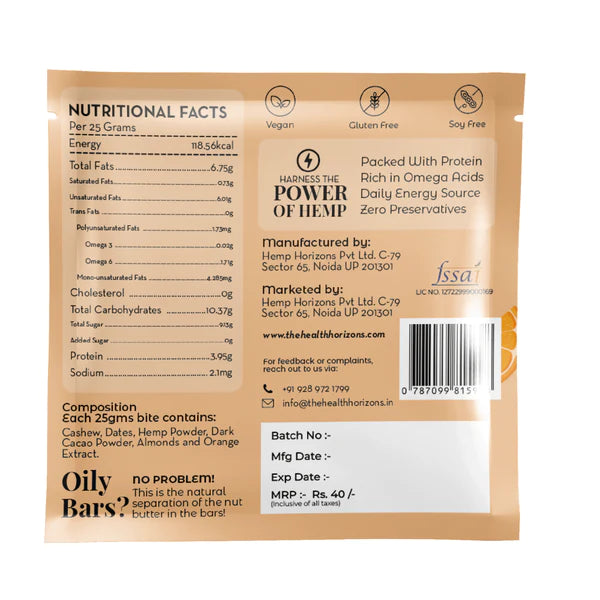 Plant Protein Bite | Hemp - Nut - Orange - Natural - Vegan, No Added Sugar, Soy Free & No Additives - Health Horizon - 25gm