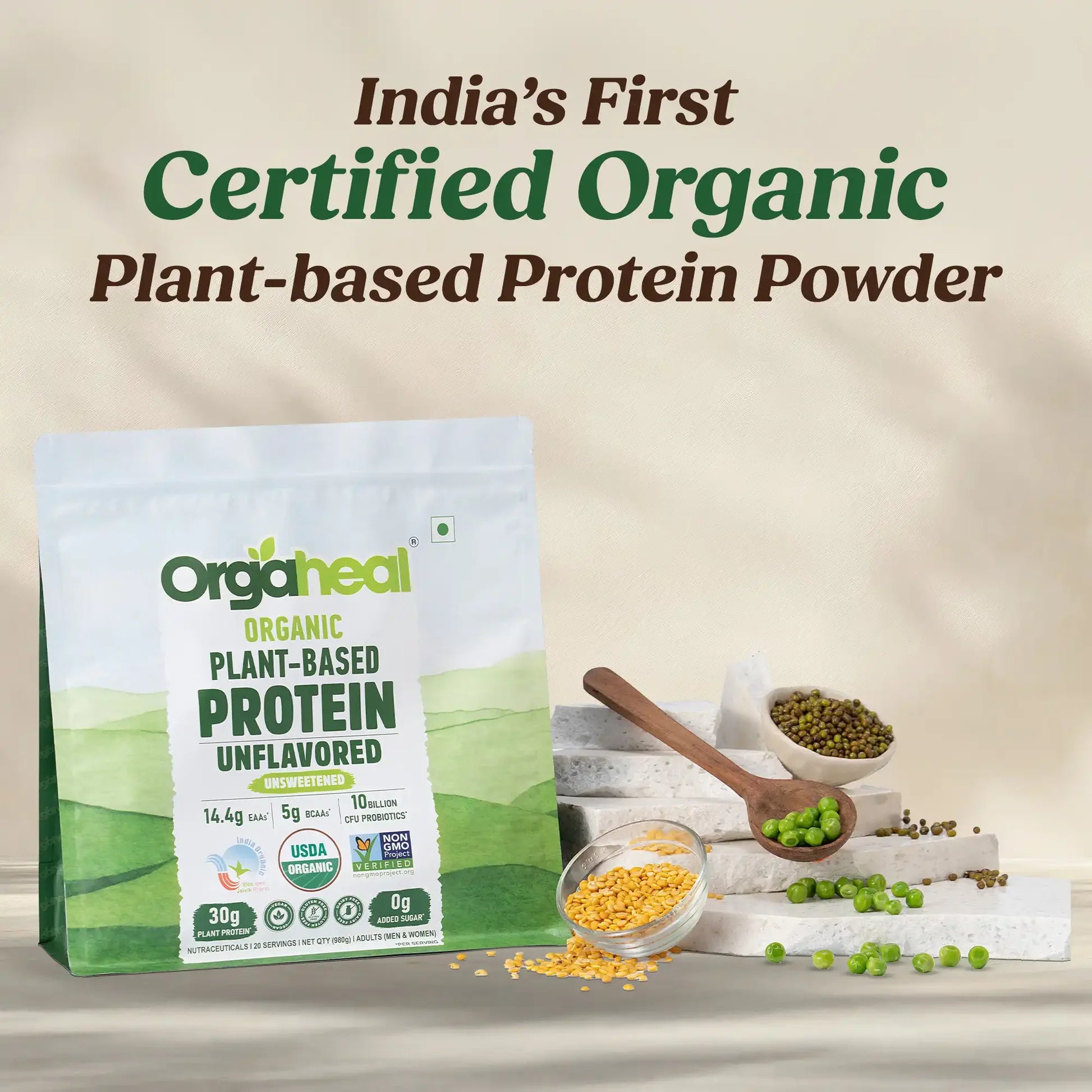 Protein Powder | Plant Based Protein Powder Unsweetened (Unflavored) - 30g Plant Protein - USDA Organic - Vegan, Gluten Free & Dairy Free - Orgaheal -980gm