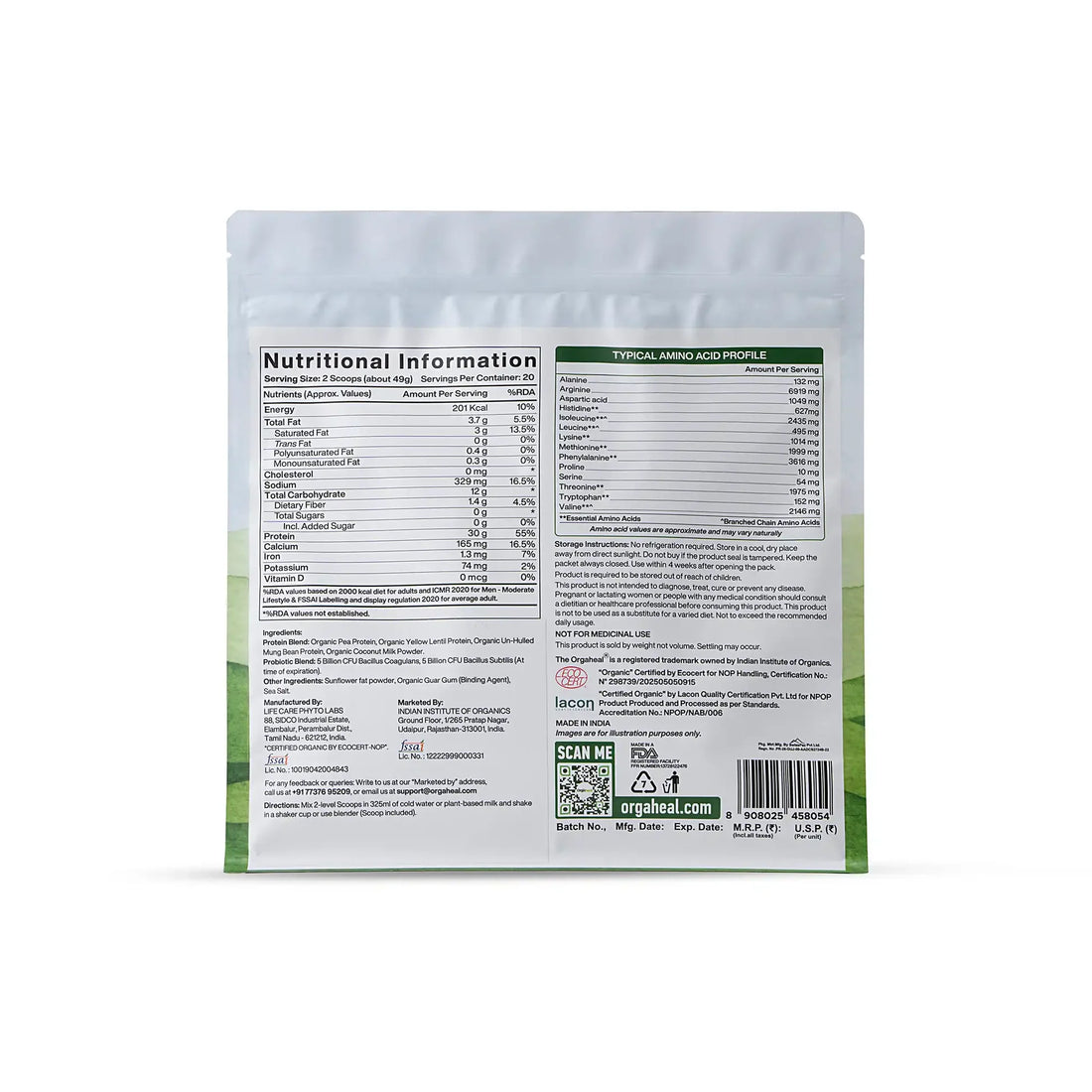Protein Powder | Plant Based Protein Powder Unsweetened (Unflavored) - 30g Plant Protein - USDA Organic - Vegan, Gluten Free & Dairy Free - Orgaheal -980gm