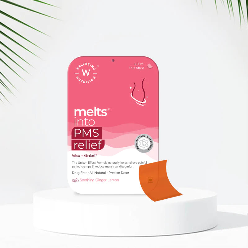 Pms Relief | Melts Into - (Vitex + Ginfort) - All Natural - Vegan, Gluten Free, Drug Free, No Added Sugar & Preservatives Free - Wellbeing Nutrition - 30 Strips