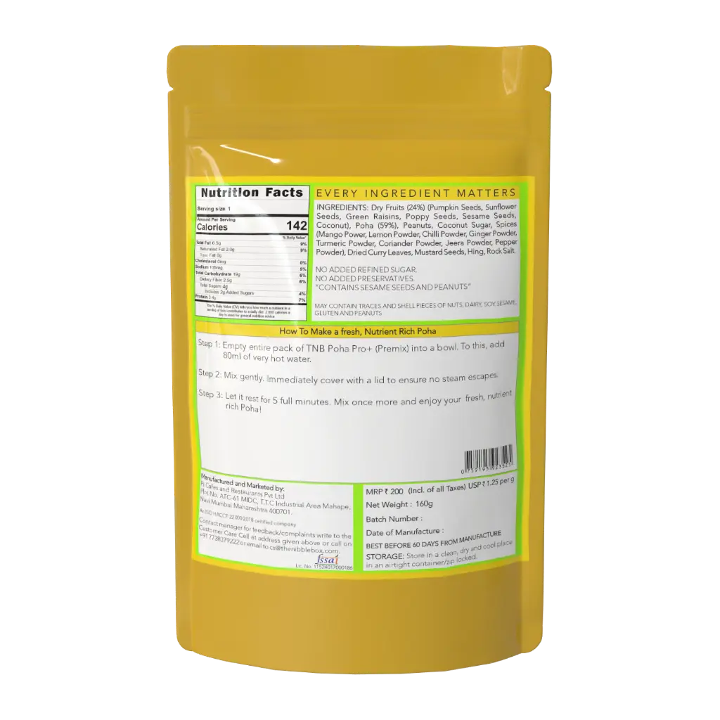 Poha | Poha Pro + (Instant Premix, 24% nuts-seeds- dried fruit ) -Plant Based, Gluten Free -No Added Refined Sugar, Zero Trans Fats -The Nibble box- 160gm