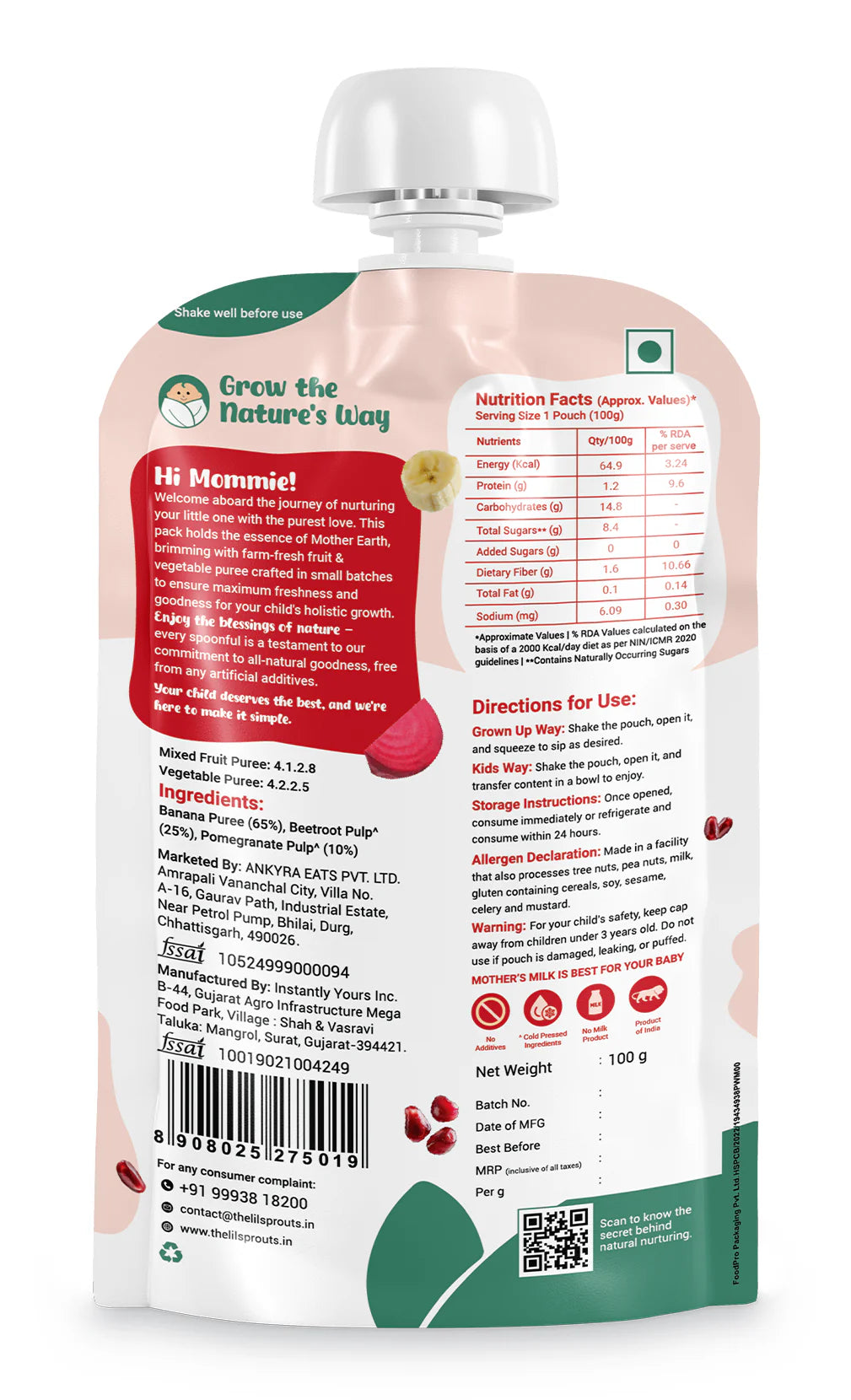 Puree | Pomegranate, Banana, And Beetroot Puree - Sweet Tangy Earthy Flavors - 100% Natural - Cold Pressed Ingredients - No Added Sugar, Salt, Flavours, Colours & No Artificial Ingredients - Lil Sprouts - 100gm