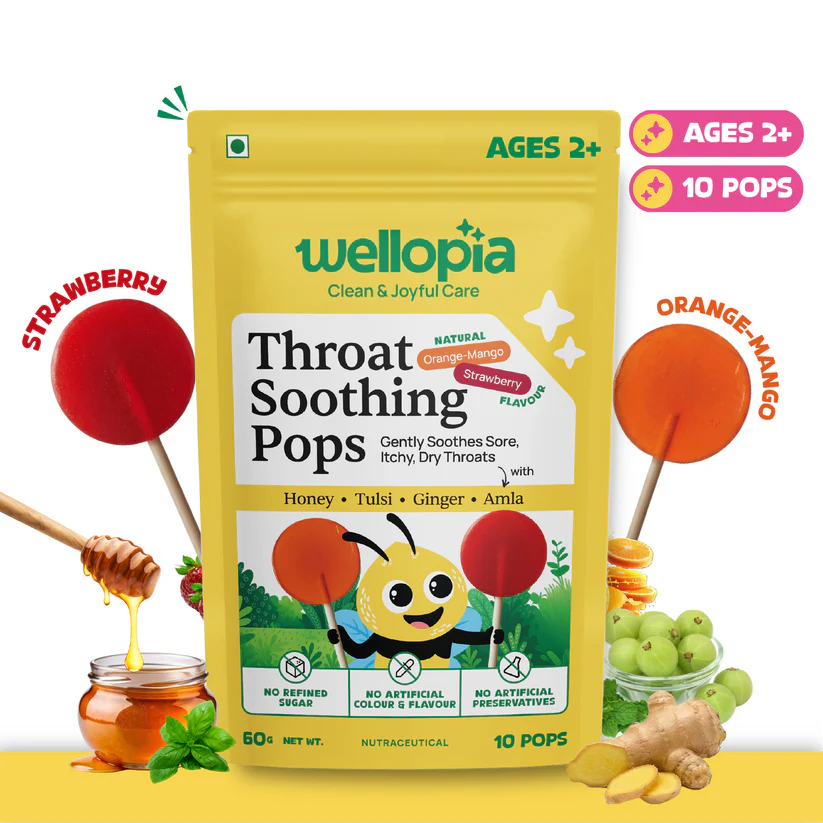 Pops |Throat Soothing Pops (Ages 2+) -No Artificial Preservatives - No Artificial Colors- No Refined Sugar - Wellopia - 10 Wrapped Pops -60 gm