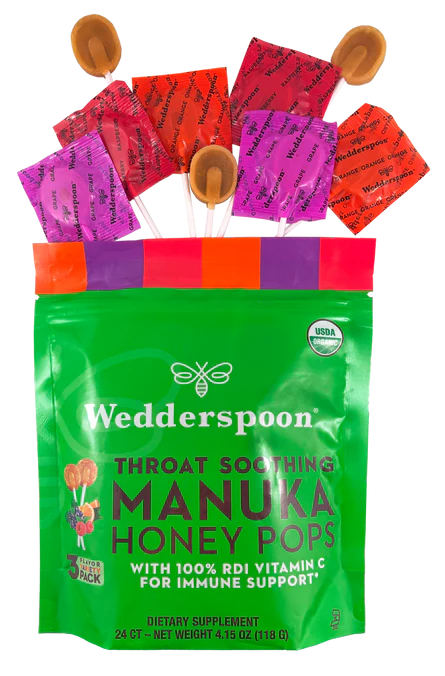 Manuka Honey Pops. - Throat Soothing - With RDI Vitamin C - USDA Organic - Wedderspoon (118gm)