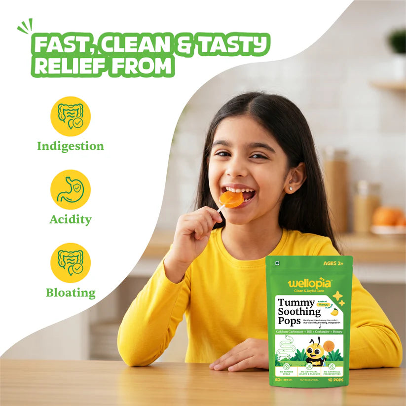 Pops | Tummy Soothing Pops (Ages 2+) - Natural Mango Flavour (Honey, Coriander, Dill) -No Artificial Preservatives - No Artificial Colors- No Refined Sugar - Wellopia- (10 Wrapped Pops) -60 gm