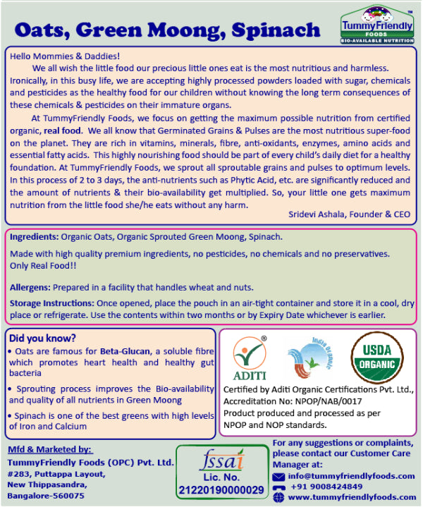 Porridge Mix | (Oats, Green Moong & Spinach) - USDA Organic - No Pesticides, Chemical, Salt& No Sugar - Tummy Friendly Foods - 200gm