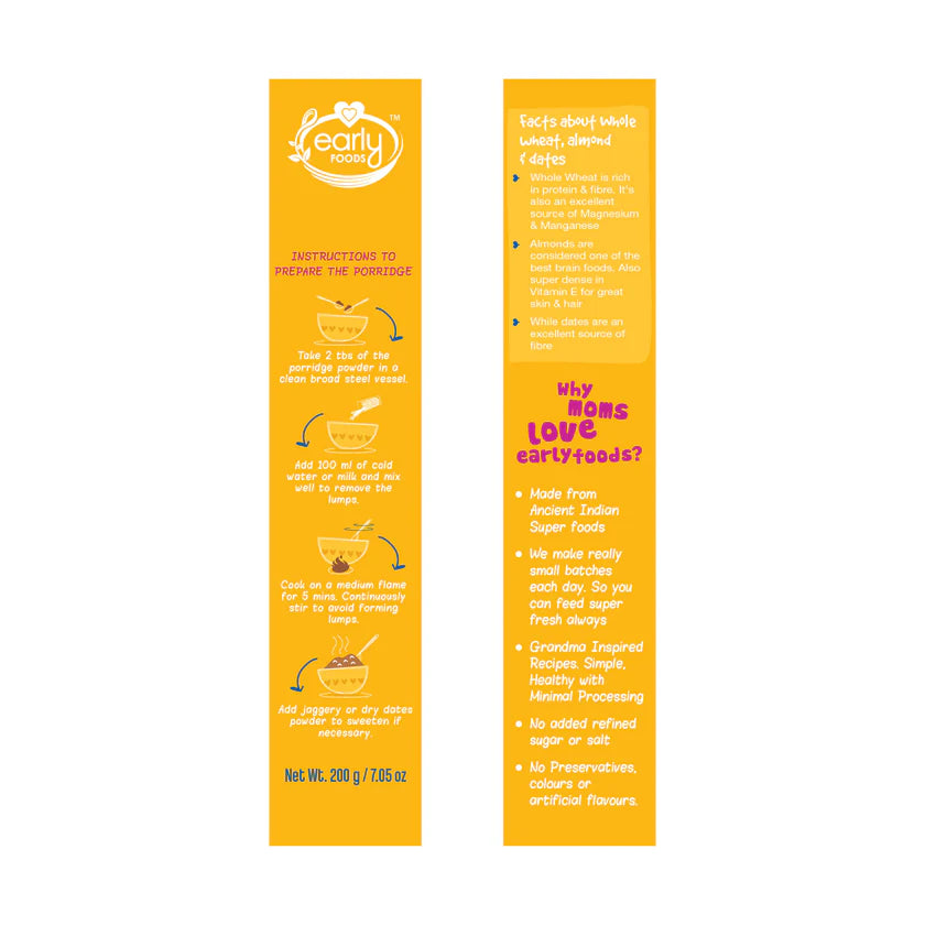 Porridge Mix | Whole Wheat Almond Date Porridge Mix - No Added Refined Sugar, No Milk & No Soda - Early Foods - 150gm