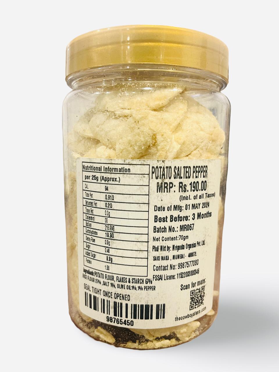 Chips | Potato Wafers Chips (Black Pepper) - Non Fried – Gluten Free, No Flavor Enhancer, No Artificial Colors & No Added Preservatives - Natural Ingredients - The Cowboys Farm – 70gm