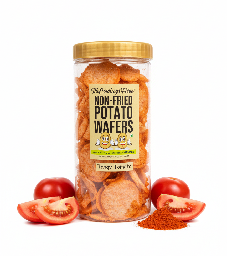 Potato Wafers | Non Fried Potato Wafers (Tangy Tomato) - Gluten Free, No Palm OIl, No Flavor Enhancer, No Artificial Colors & No Added Preservatives - Natural Ingredients - The Cowboys Farm – 130gm