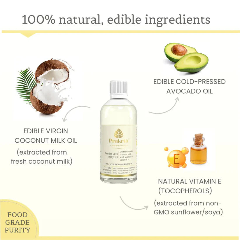 Oil |Tender Skin Baby Oil -Virgin coconut oil with Vitamin E & Avocado oil -100% natural & edible - No Added Preservatives -Prakrta- 100ml