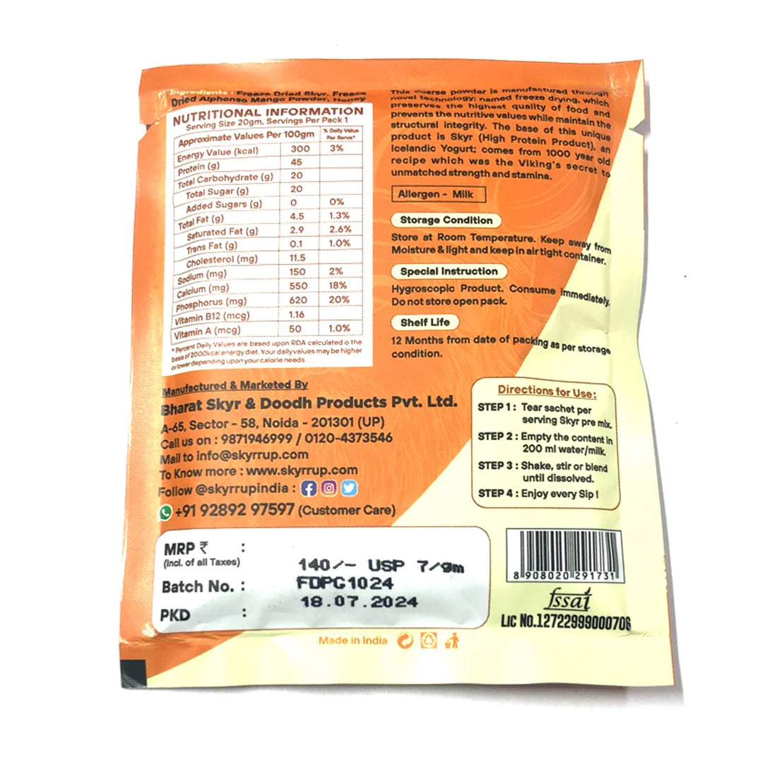 Pre Mix Powder | Pre Mix Alphonso Mango (Made From A2 Cow Milk) – Instant – No Added Sugar, 4.5gm Protein, Zero Preservatives & Lactose Free – Skyrrup – 10gm