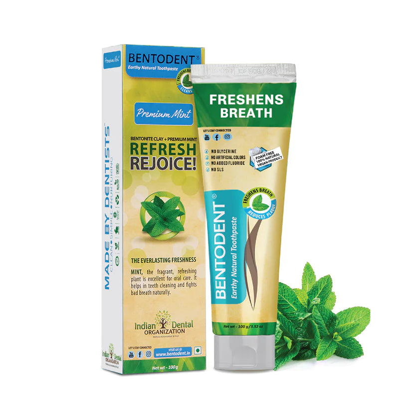 Toothpaste | Premium Mint - Vegan, Gluten Free, Glycerin Free, Fluoride Free & No Added Artificial Colors - Bentodent - 100gm