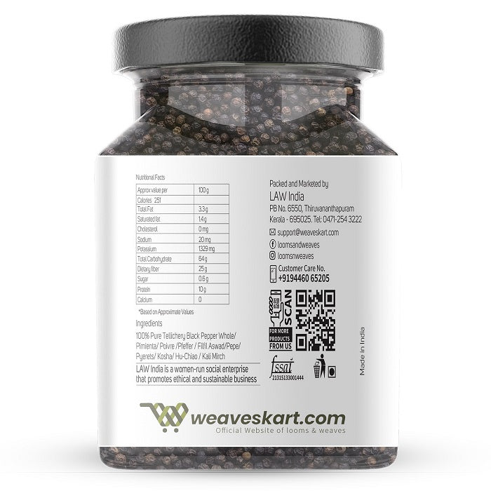 Black Peppercorn (Whole) | Tellichery Special Extra Bold - Single Origin, Farm Direct Produce - 100% Pure - No Artificial Colors, No Preservatives & No Additives - Loom And Weaves - 100gm