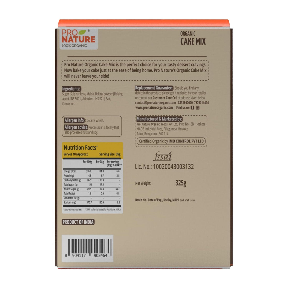 Cake Mix | (Regular) - Instant & Easy - 100% Organic - Pro Nature - 325gm