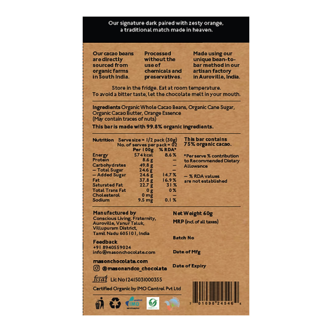 75% Zesty Orange Dark Chocolate Bar - Vegan & Gluten Free - Mason & Co - 60gm