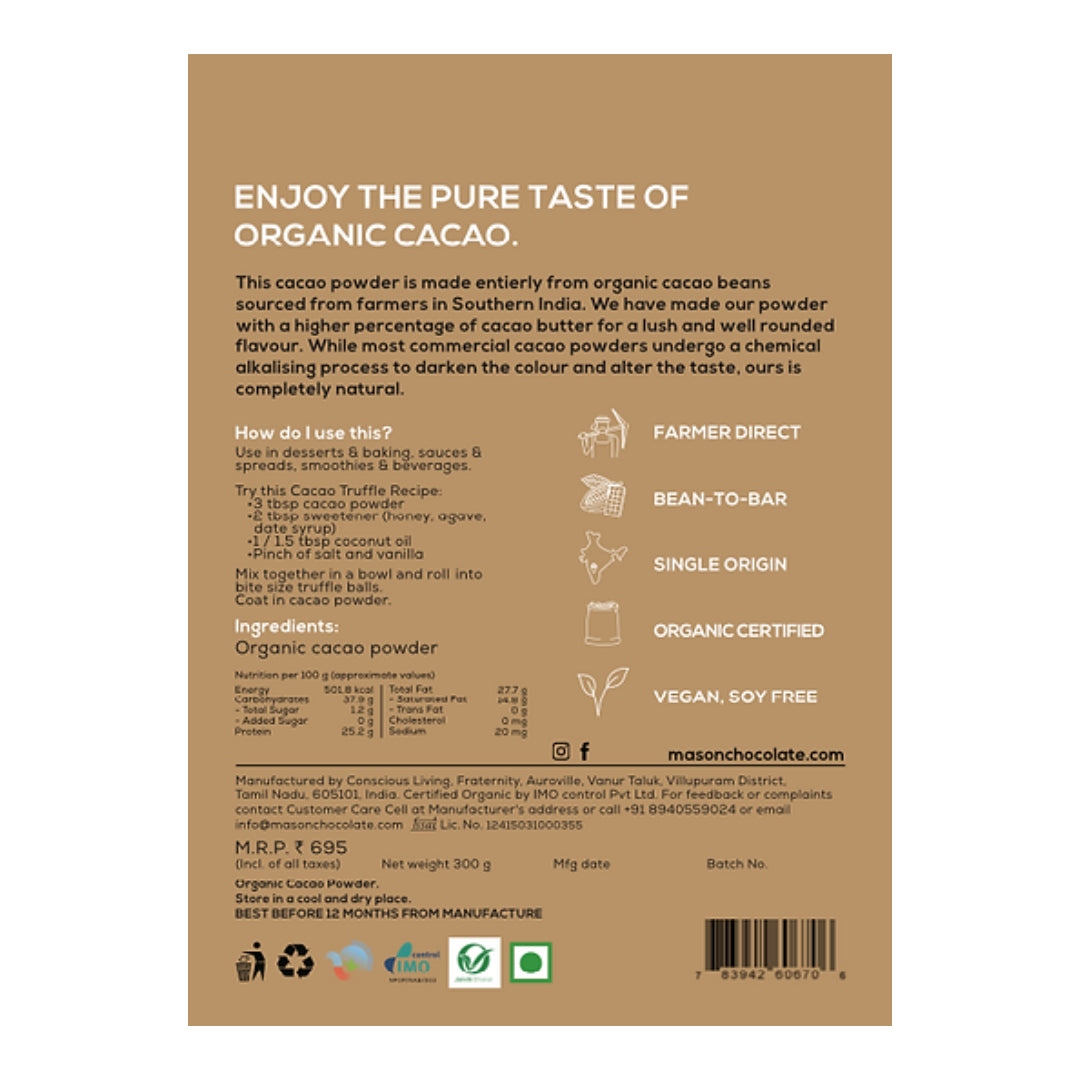 Cacao Powder - Vegan & Soy Free - Mason & Co - 300gm