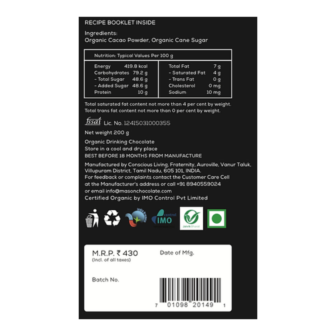 Dark Drinking Chocolate | SIngle Origin - Plant Based - Mason & Co - 200gm