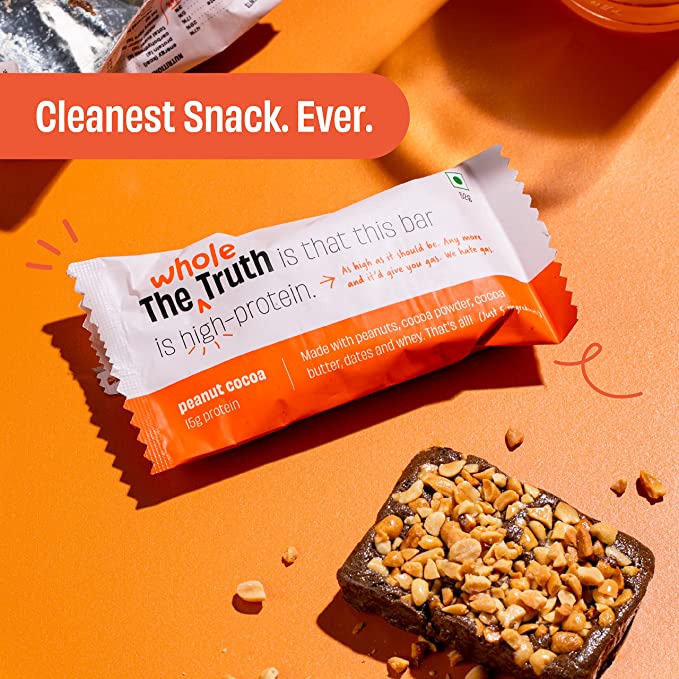 Protein Bar | Peanut Cocoa (Made With Peanut Cocoa, Dates And Whey) - No Added Sugar - The Whole Truth - 52gm