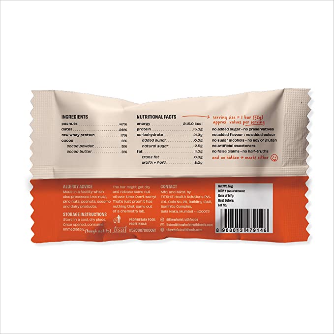Protein Bar | Peanut Cocoa (Made With Peanut Cocoa, Dates And Whey) - No Added Sugar - The Whole Truth - 52gm