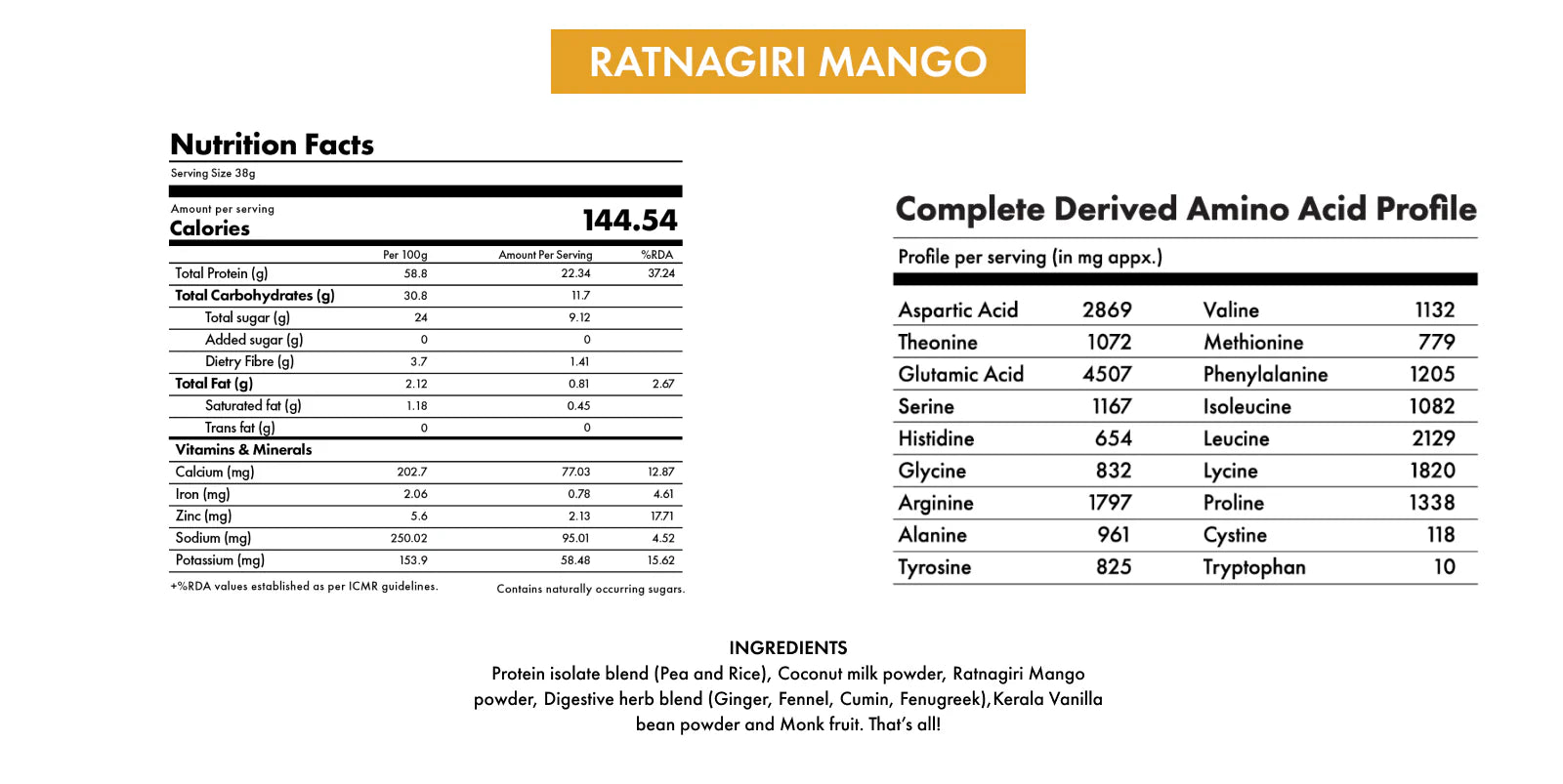 Protein Powder | Plant Protein – No Nonsense – (Ratnagiri Mango) - 24g Protein Per Serving - Gut Friendly, Lactose Free, No Trans Fat, Soy Free, No Added Sugar, Stevia, Gums, Enzymes & No Added Artificial Flavors – Cosmix – 500gm