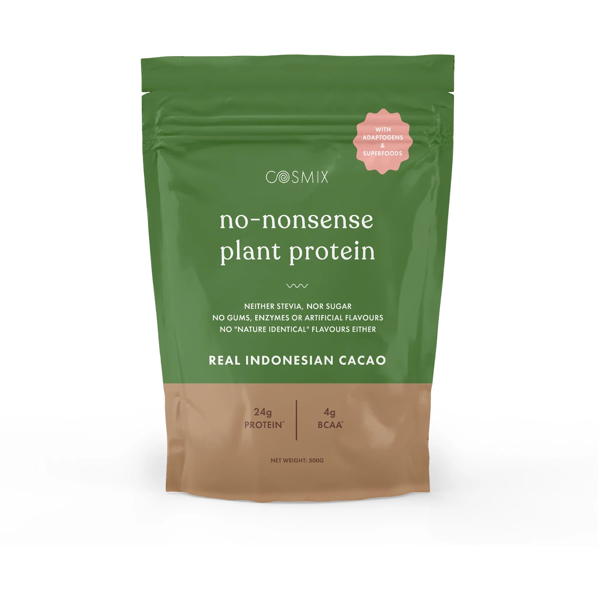 Protein Powder | Plant Protein - No Nonsense - Indonesian Cacao - 24gm Protein Per Serving - Vegan, Gluten Free, Soy Free, No Trans Fat, No Added Sugar, Gums, Enzymes & No Added Artificial Flavours - Cosmix - 500gm