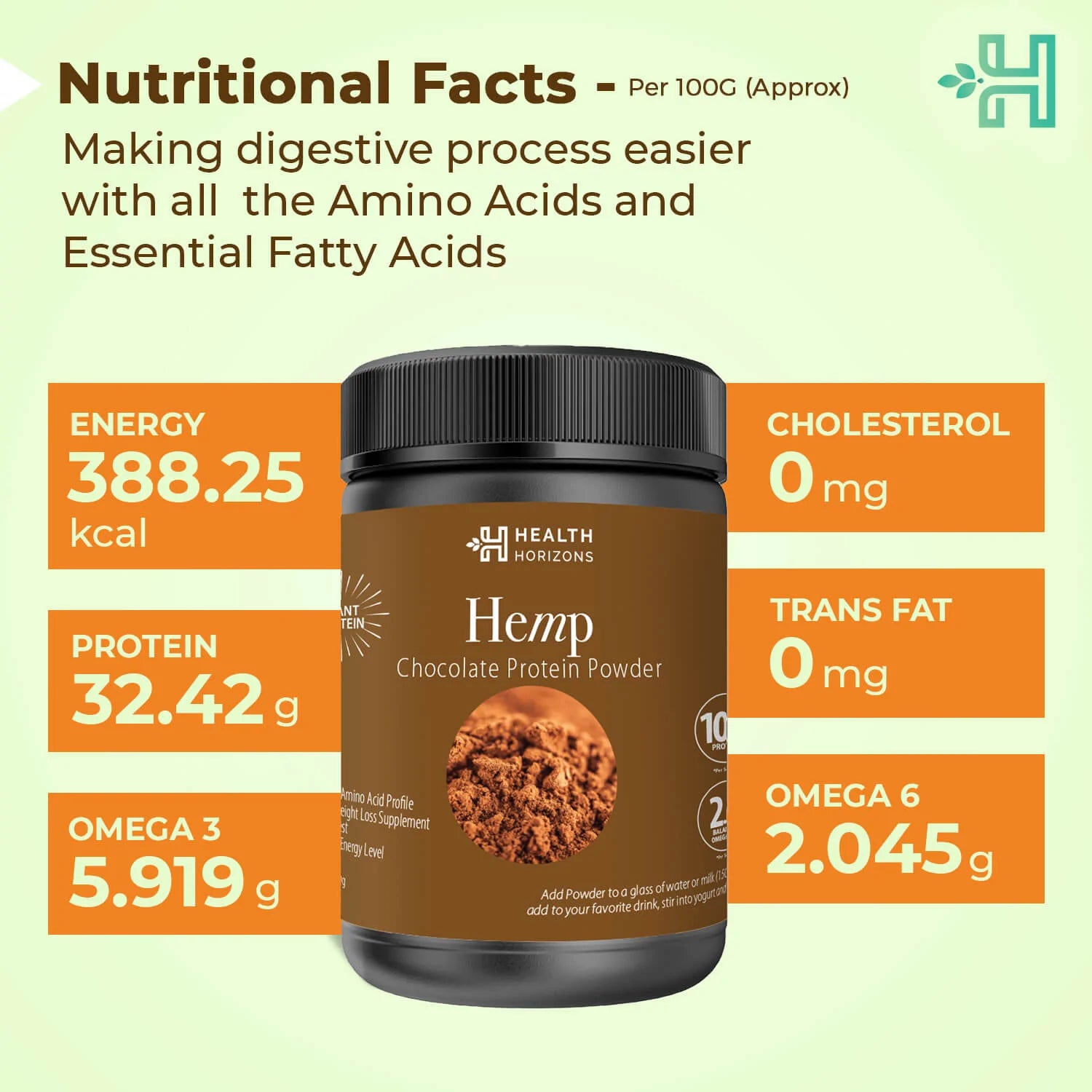 Protein Powder | hemp (Chocolate Flavor) - Natural - Vegan, Gluten Free, Soy Free & No Additives - Health Horizon - 500gm