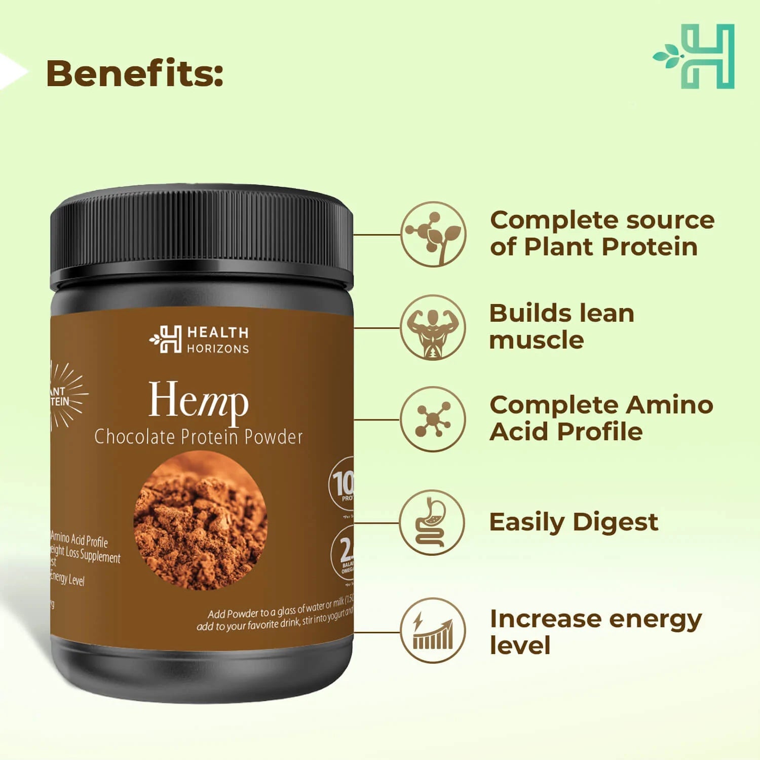 Protein Powder | hemp (Chocolate Flavor) - Natural - Vegan, Gluten Free, Soy Free & No Additives - Health Horizon - 500gm