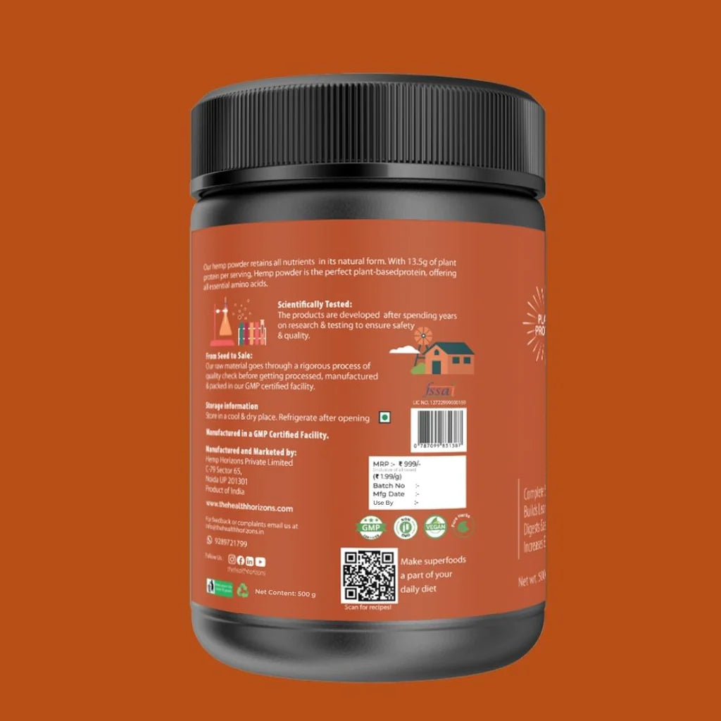Protein Powder | Hemp - 13.5gm Protein - Build Lean Muscle - Digest Easily - Increase Energy Levels - Natural - Vegan & No Additives - Health Horizon – 500gm