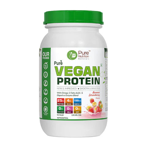 Protein Powder | Vegan Protein (With Omega 3 Fatty Acids & Digestive Enzyme Blend) – Banana And Strawberry Flavor – Gluten Free, Zero Added Sugar, High Protein & Non GMO – Pure Nutrition – 1000gm